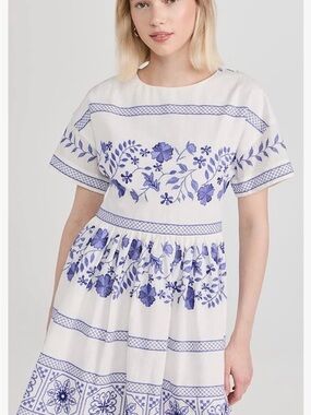 Shoshanna White Midi Dress with Blue Floral Embroidery